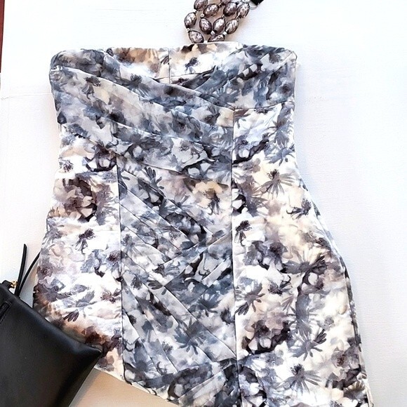 NWT CYNTHIA STEFFE GRAY CREAM STRAPLESS SHEATH DRESS FLORAL CHIFFON SATIN SIZE 8 - Picture 1 of 16